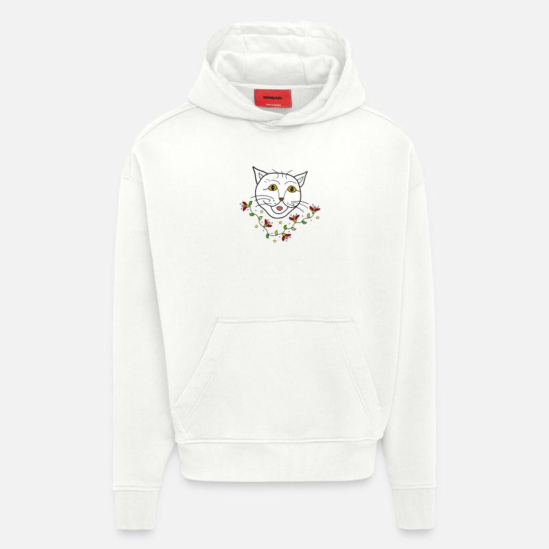 Chat à fleurs - Sweat à capuche bio épais oversize fabriqué en UE - OFF WHITE