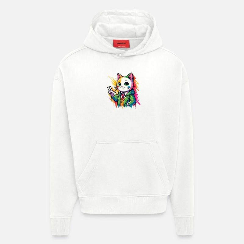 Chat Peace signe de paix - Sweat à capuche bio épais oversize fabriqué en UE - OFF WHITE