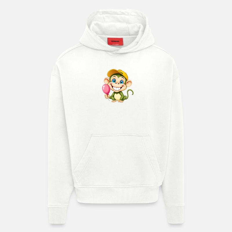 Joyeux singe de dessin animé tenant un ballon rose - Sweat à capuche bio épais oversize fabriqué en UE - OFF WHITE