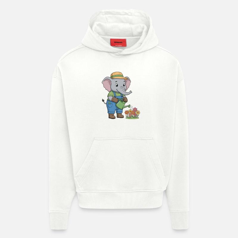 Conception fantaisiste de jardinage d’éléphant - Sweat à capuche bio épais oversize fabriqué en UE - OFF WHITE