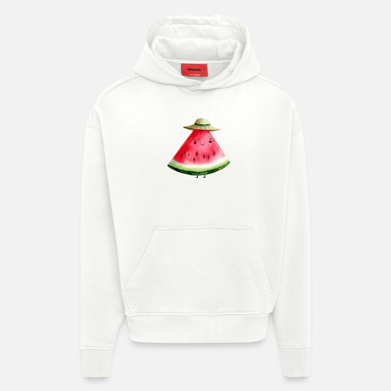 Pastèque Kawaii avec chapeau de soleil - Sweat à capuche bio épais oversize fabriqué en UE - OFF WHITE