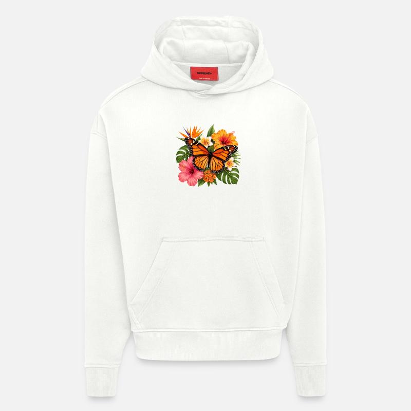 Fleur tropicale du papillon monarque - Sweat à capuche bio épais oversize fabriqué en UE - OFF WHITE