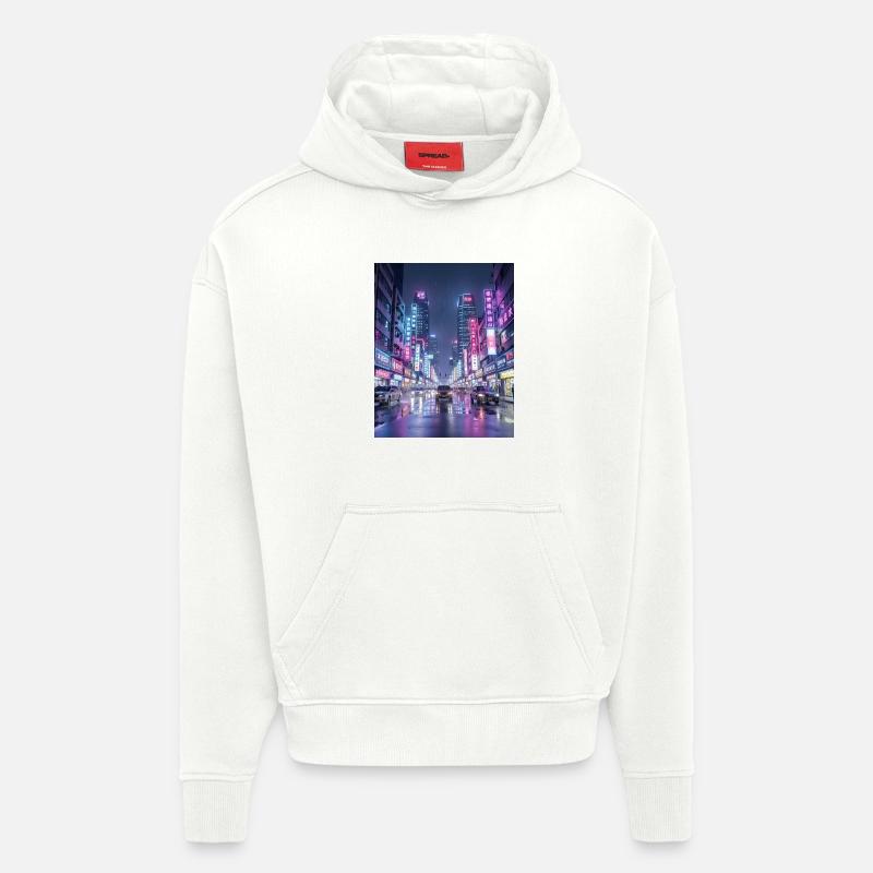 Paysage urbain de pluie néon - Sweat à capuche bio épais oversize fabriqué en UE - OFF WHITE
