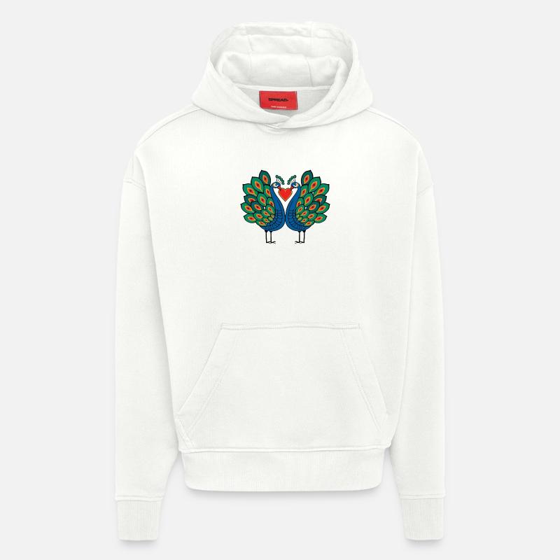 Couple d’oiseau paon e Saint-Valentin - Sweat à capuche bio épais oversize fabriqué en UE - OFF WHITE