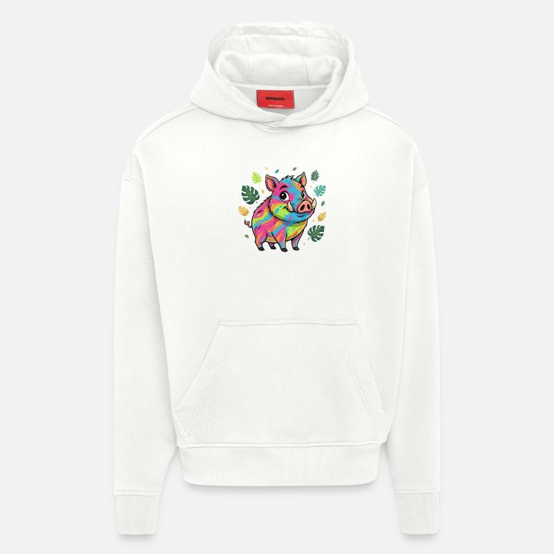 Cochon arc-en-ciel aux feuilles d’automne - Sweat à capuche bio épais oversize fabriqué en UE - OFF WHITE