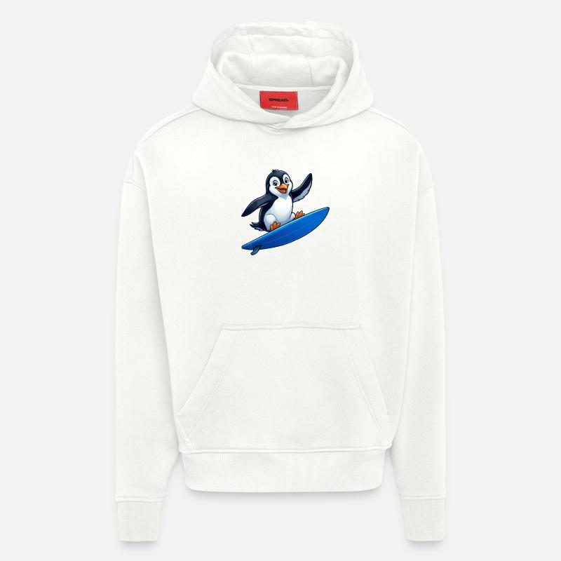 Mignon Pingouin Surfeur Surfant Eau d’Été - Sweat à capuche bio épais oversize fabriqué en UE - OFF WHITE