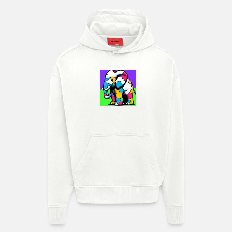 Éléphant avec Nuage et Nuages - Sweat à capuche bio épais oversize fabriqué en UE - OFF WHITE