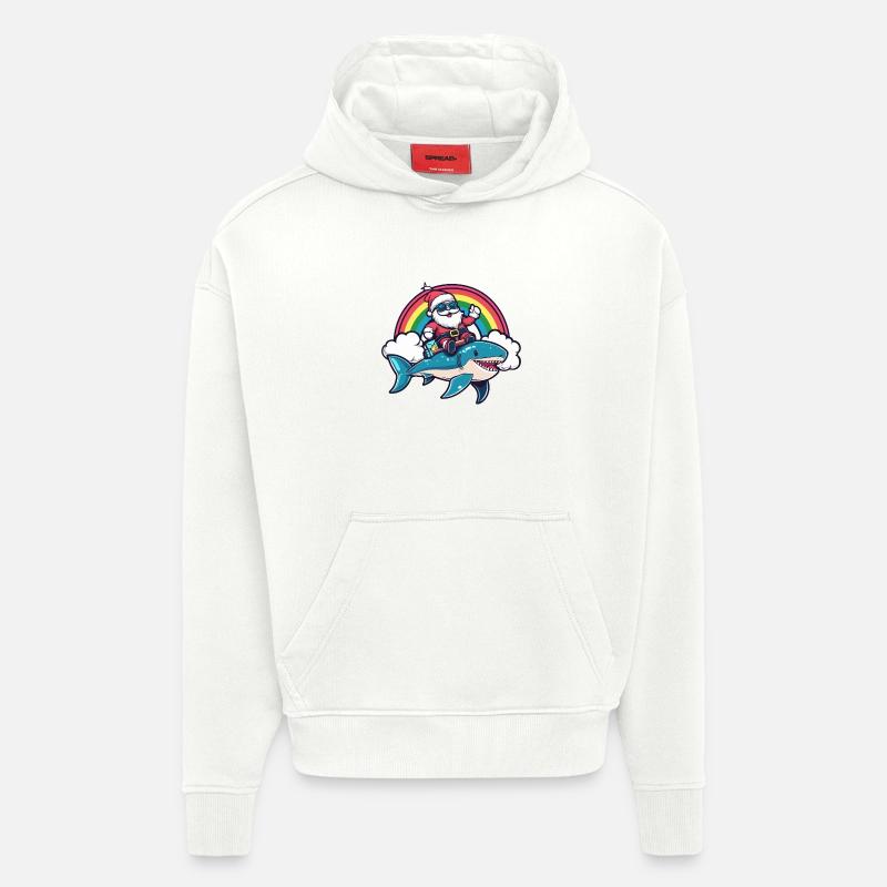 Requin Père Noël Arc-en-ciel - Sweat à capuche bio épais oversize fabriqué en UE - OFF WHITE