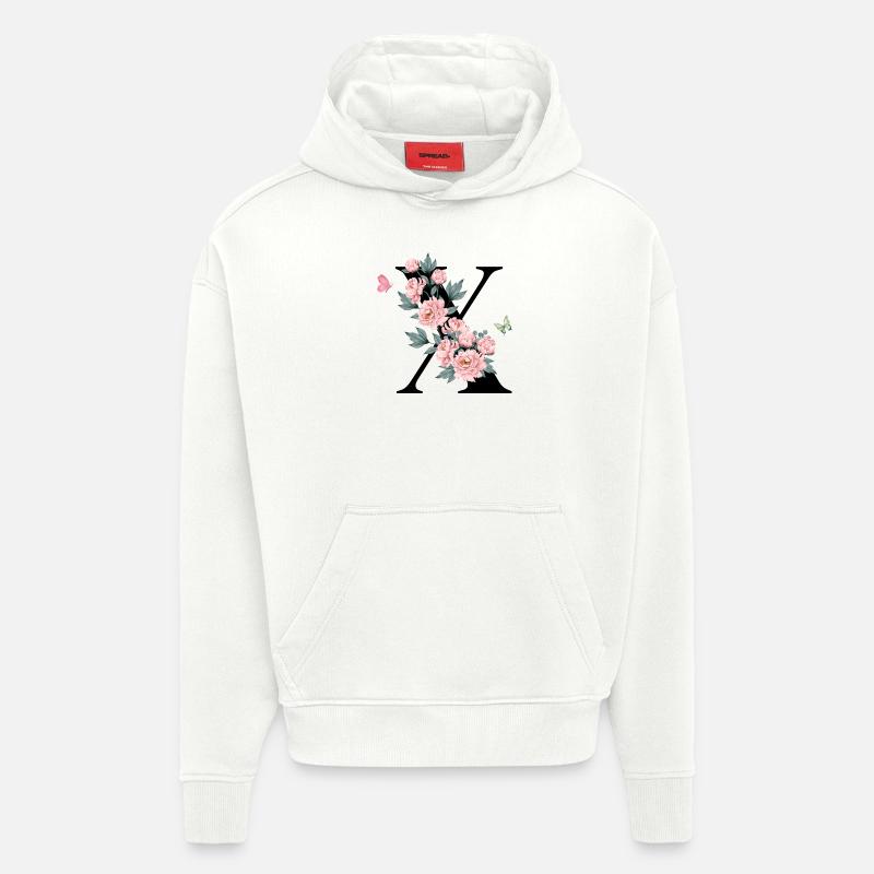 Lettre x fleurs rose - Sweat à capuche bio épais oversize fabriqué en UE - OFF WHITE