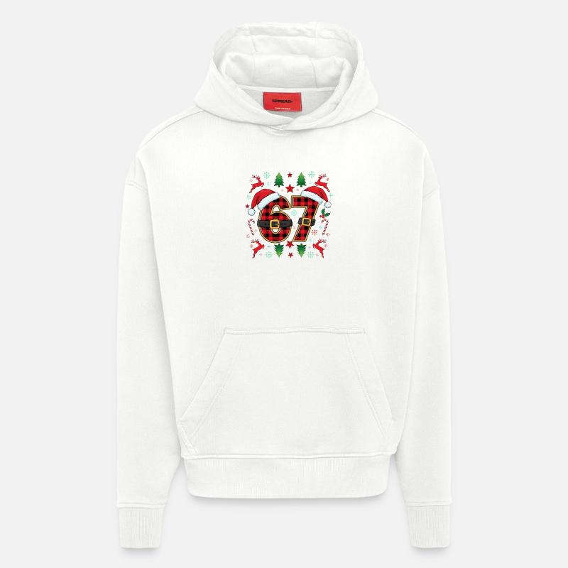 67 Christmas Plaid Numéro Viral Mème - Sweat à capuche bio épais oversize fabriqué en UE - OFF WHITE