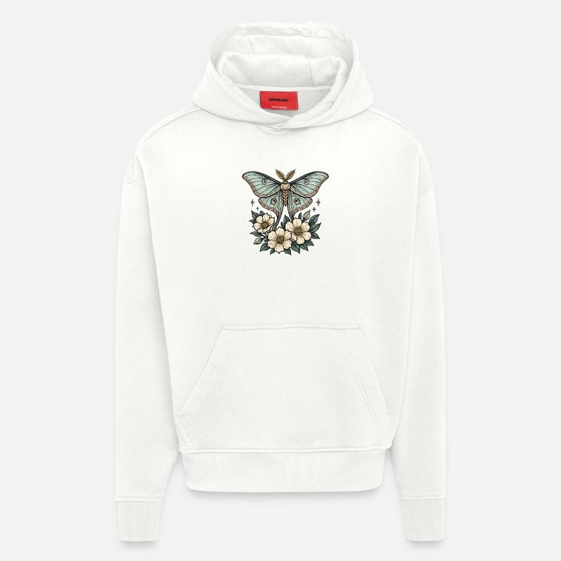 Papillon turquoise avec des fleurs - Sweat à capuche bio épais oversize fabriqué en UE - OFF WHITE