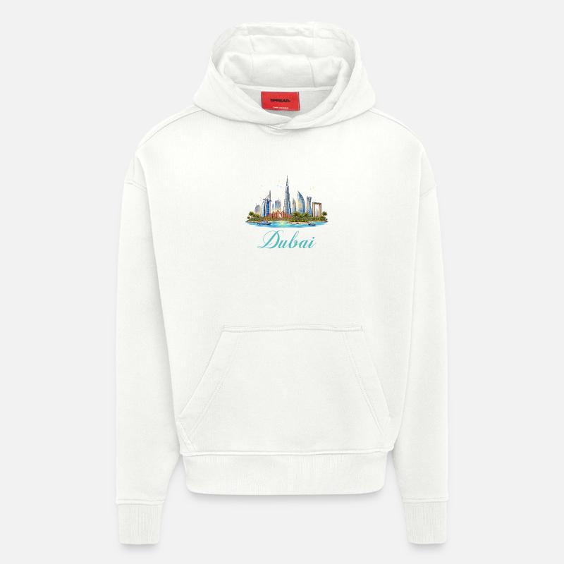 Illustration de la skyline de Dubaï - Sweat à capuche bio épais oversize fabriqué en UE - OFF WHITE