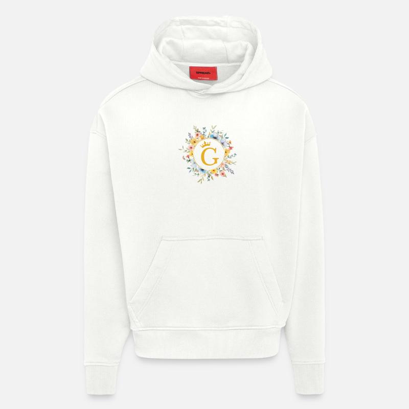 G Monogramme, Cercle de fleurs, Personnalisable - Sweat à capuche bio épais oversize fabriqué en UE - OFF WHITE