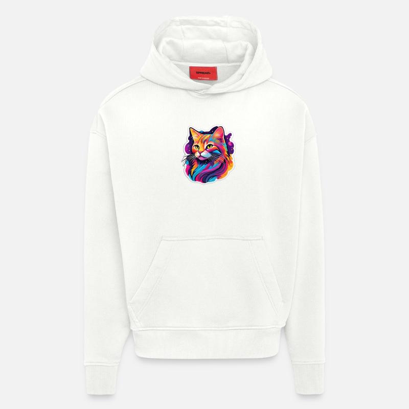 Chat Éclatant Arc en Ciel - Sweat à capuche bio épais oversize fabriqué en UE - OFF WHITE
