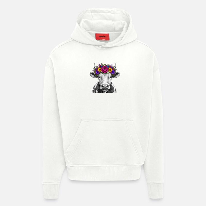 Vache avec couronne de fleurs - Sweat à capuche bio épais oversize fabriqué en UE - OFF WHITE