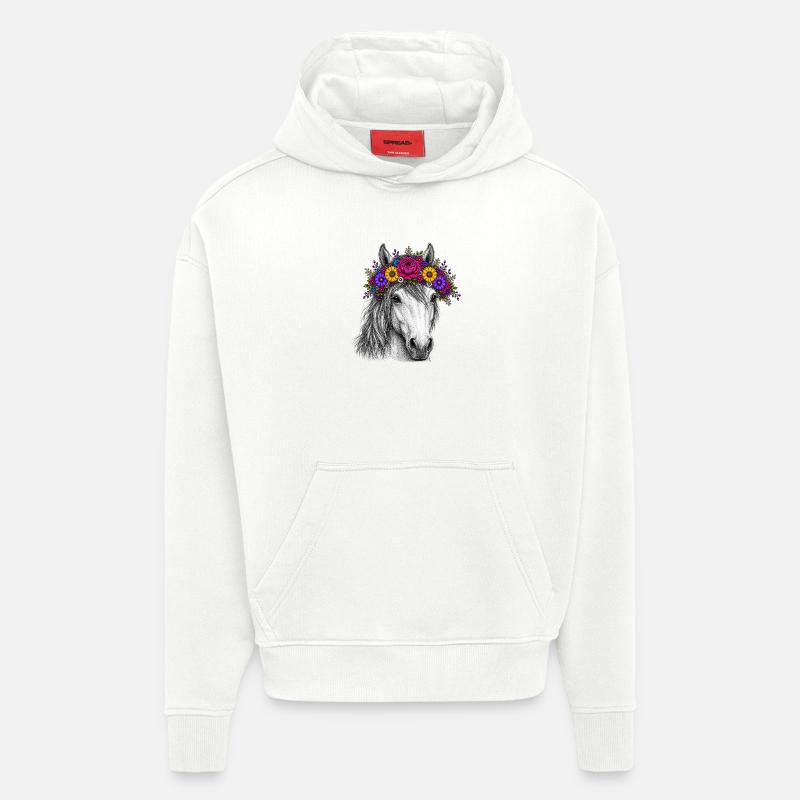 Cheval avec une couronne de fleurs - Sweat à capuche bio épais oversize fabriqué en UE - OFF WHITE
