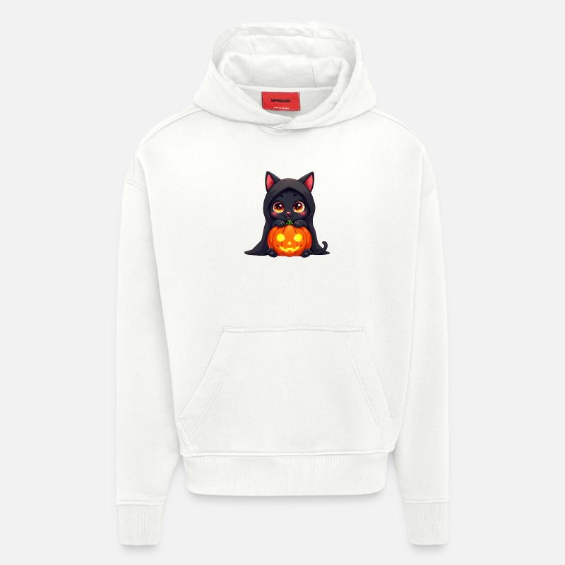 Chat d’Halloween avec citrouille d’Halloween - Sweat à capuche bio épais oversize fabriqué en UE - OFF WHITE