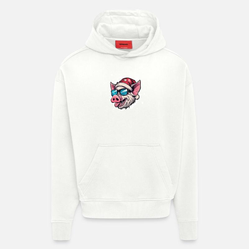 Cochon Noël Drôle - Sweat à capuche bio épais oversize fabriqué en UE - OFF WHITE