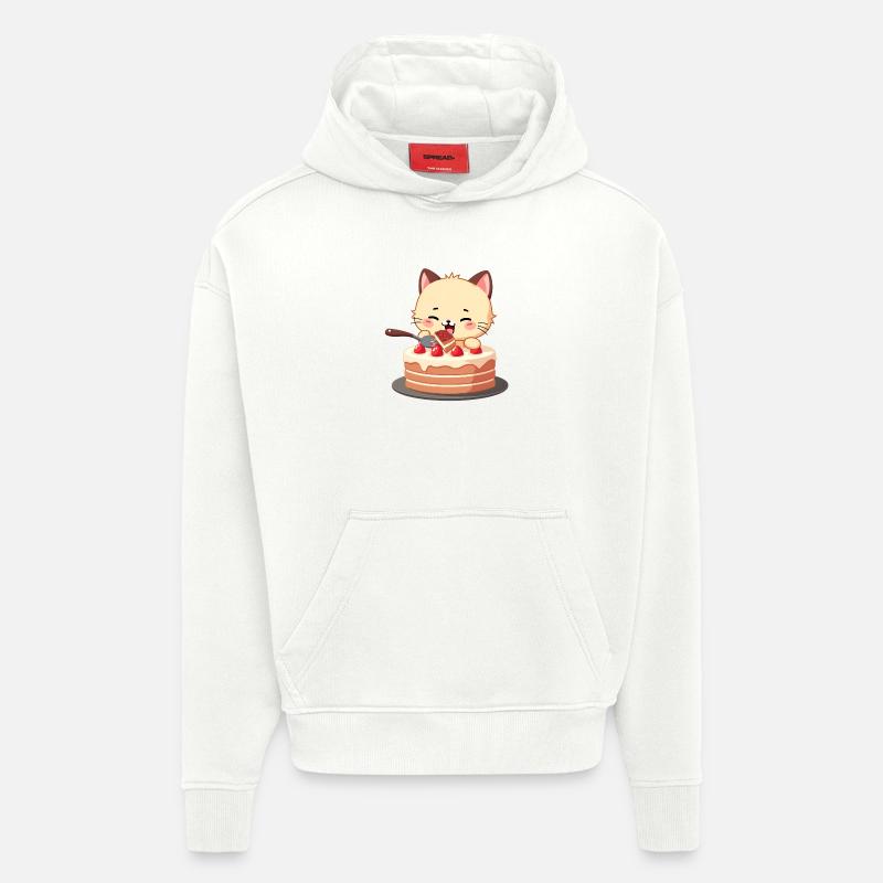 Le chat mange du gâteau - Sweat à capuche bio épais oversize fabriqué en UE - OFF WHITE