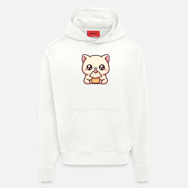 Chat mignon avec cupcake - Sweat à capuche bio épais oversize fabriqué en UE - OFF WHITE