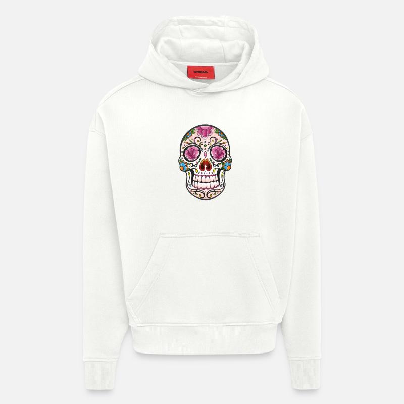 Mexican Sugar Skull, day of the dead - Sweat à capuche bio épais oversize fabriqué en UE - OFF WHITE