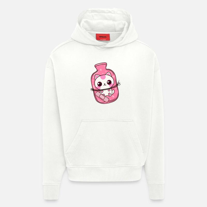 Chat Kawaii avec Bouillotte - Bon Rétablissement - Sweat à capuche bio épais oversize fabriqué en UE - OFF WHITE