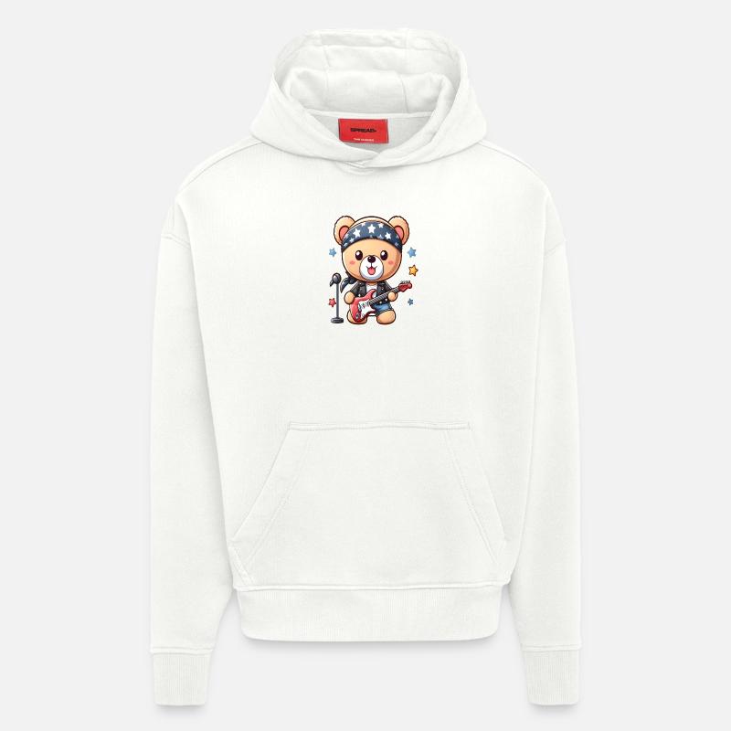 Ours mignon Rock Star Kawaii - Sweat à capuche bio épais oversize fabriqué en UE - OFF WHITE