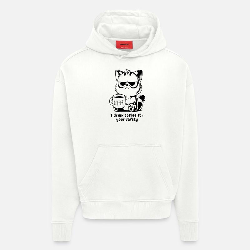 Chat Crumpy avec Caffee - Sweat à capuche bio épais oversize fabriqué en UE - OFF WHITE
