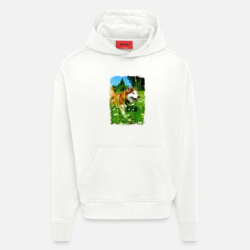 Husky dans un champ de fleurs - Sweat à capuche bio épais oversize fabriqué en UE - OFF WHITE