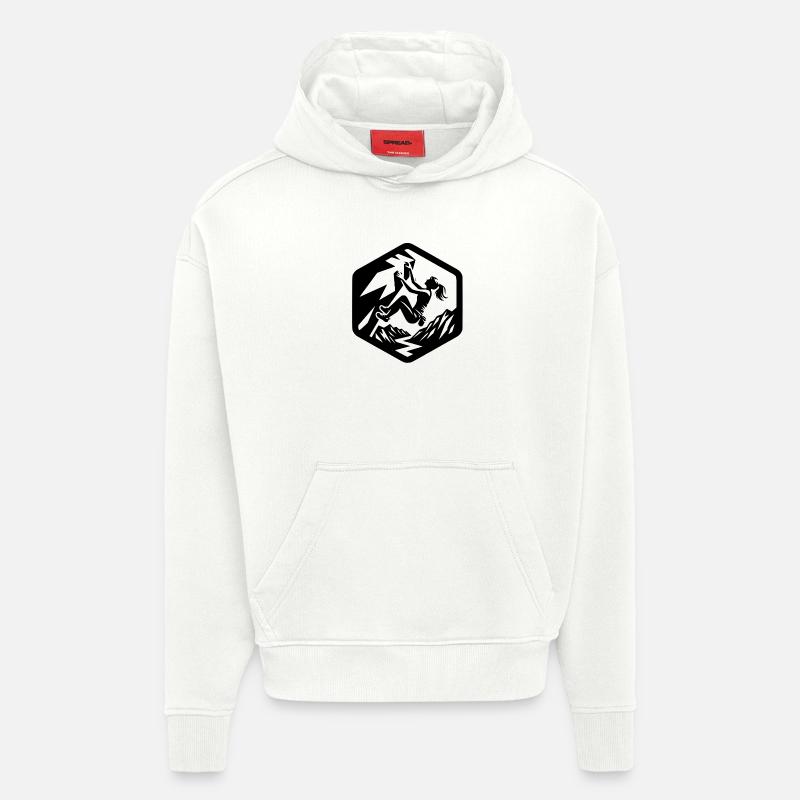 fille escalade bloc logo emblème Alpes - Sweat à capuche bio épais oversize fabriqué en UE - OFF WHITE