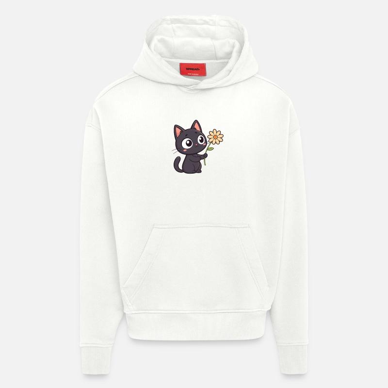 Kawaii Schwarze Katze und Gänseblümchen - Hoodie- made by SPREAD  - OFF WHITE