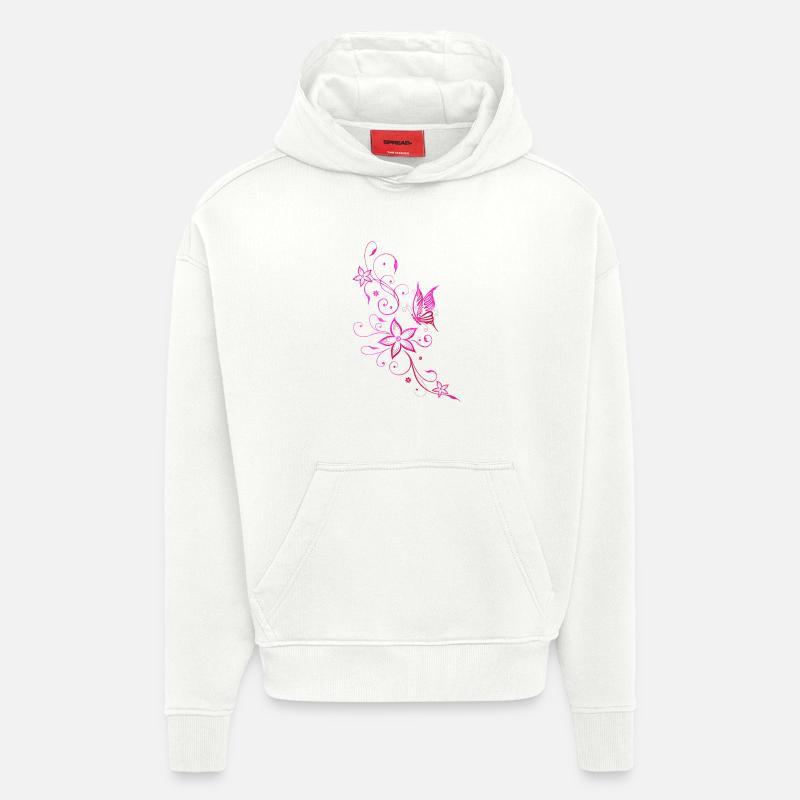 Papillon rose vrille fleurs d'été - Sweat à capuche bio épais oversize fabriqué en UE - OFF WHITE