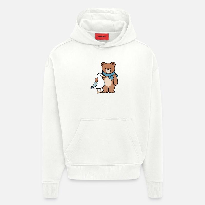 Conception mignonne d’ours et d’oiseau - Sweat à capuche bio épais oversize fabriqué en UE - OFF WHITE