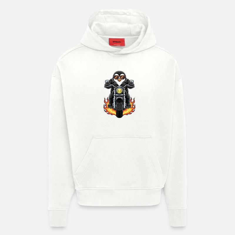 Cool Biker Penguin Motorcycle Flames - Sweat à capuche bio épais oversize fabriqué en UE - OFF WHITE