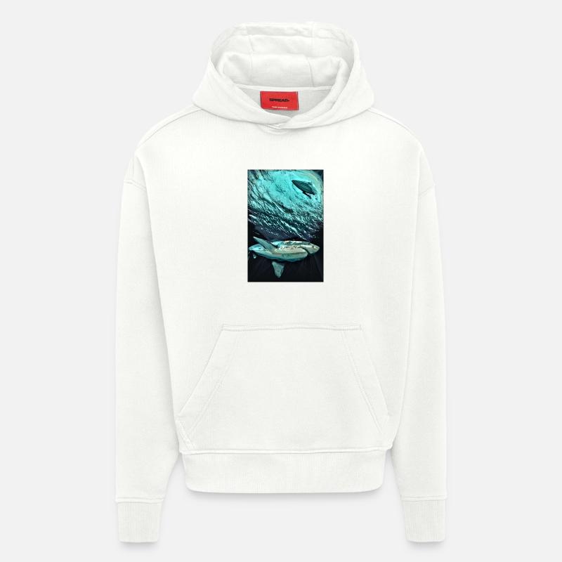 Dynamique des requins sous-marins turquoise - Sweat à capuche bio épais oversize fabriqué en UE - OFF WHITE