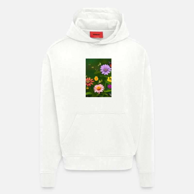 Fleurs et papillon - Sweat à capuche bio épais oversize fabriqué en UE - OFF WHITE