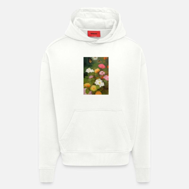 Fleurs et papillon - Sweat à capuche bio épais oversize fabriqué en UE - OFF WHITE