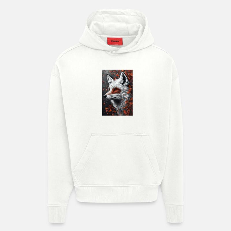 Portrait d’automne du renard avec œil rouge - Sweat à capuche bio épais oversize fabriqué en UE - OFF WHITE