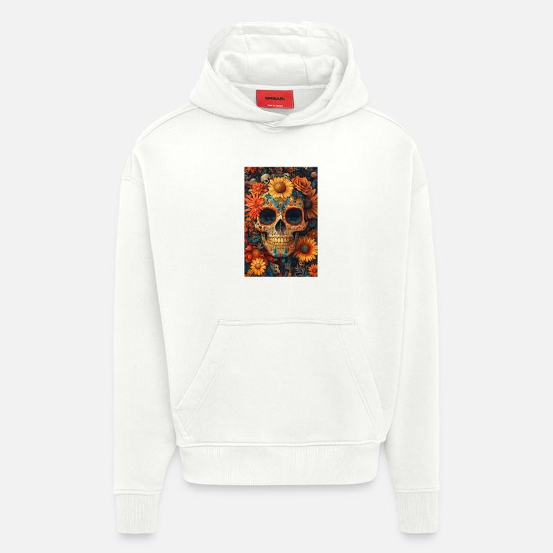Crâne de Fleurs Día de los Muertos - Sweat à capuche bio épais oversize fabriqué en UE - OFF WHITE