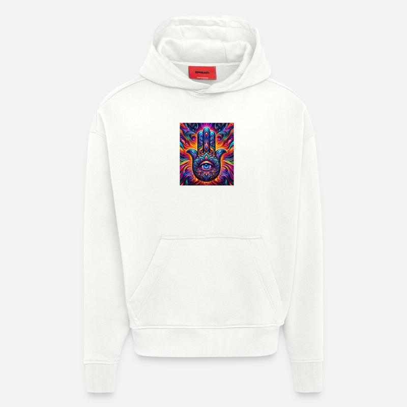 Mandala psychédélique Hamsa Œil Main-Œil - Sweat à capuche bio épais oversize fabriqué en UE - OFF WHITE