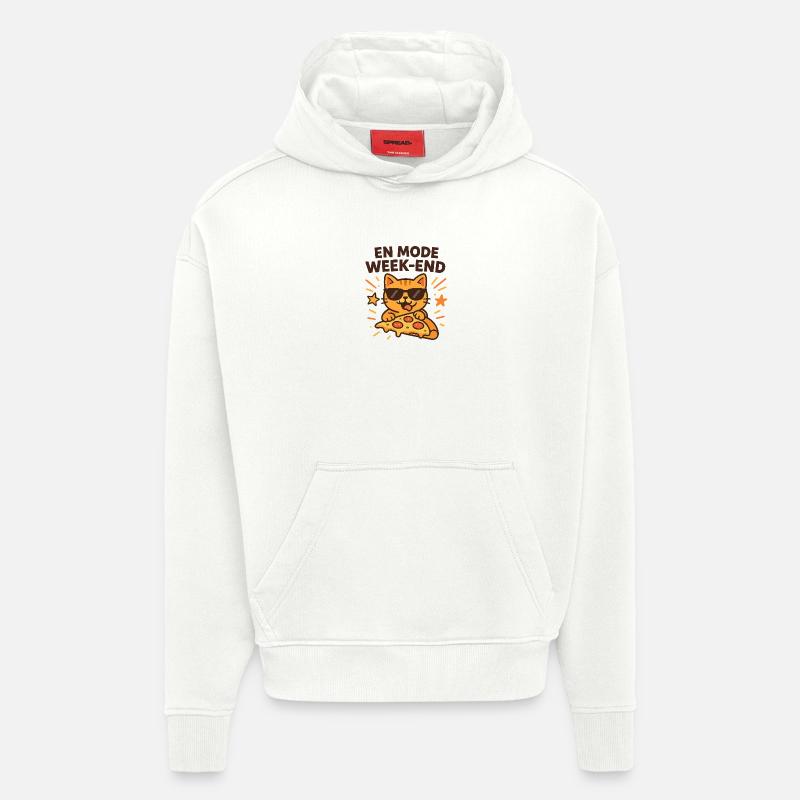Chat Pizza Week-end - Sweat à capuche bio épais oversize fabriqué en UE - OFF WHITE