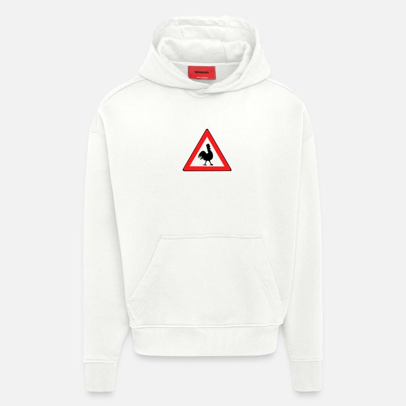 Panneau d’avertissement de poulet avec humour - Sweat à capuche bio épais oversize fabriqué en UE - OFF WHITE