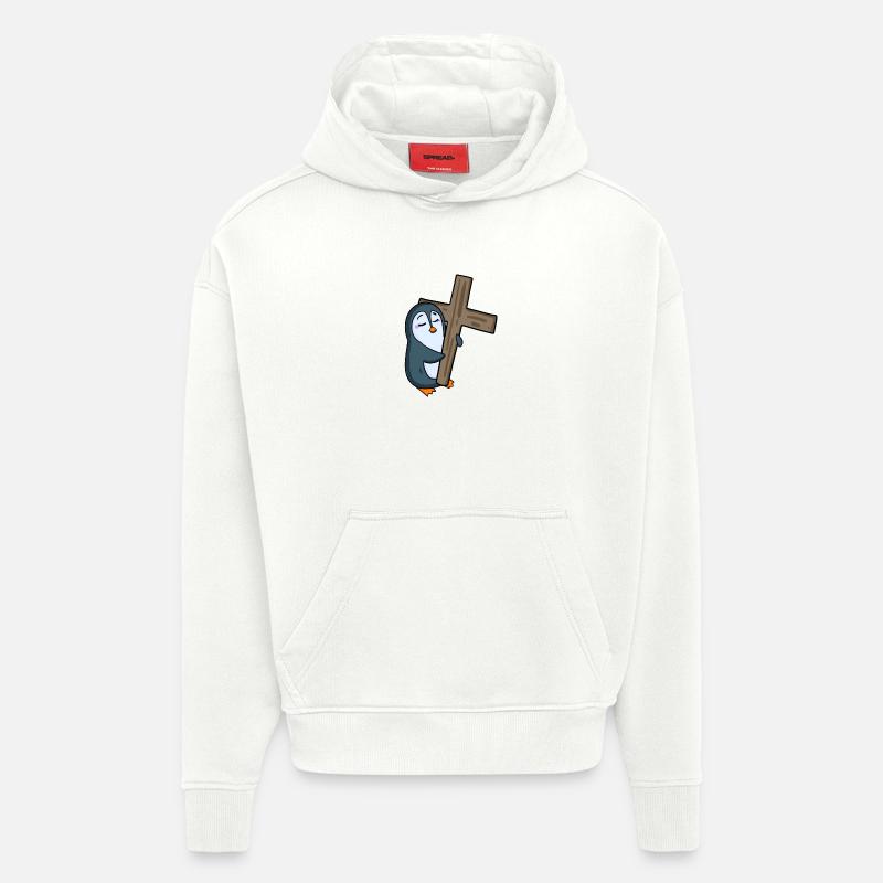 Pingouin avec croix - Sweat à capuche bio épais oversize fabriqué en UE - OFF WHITE