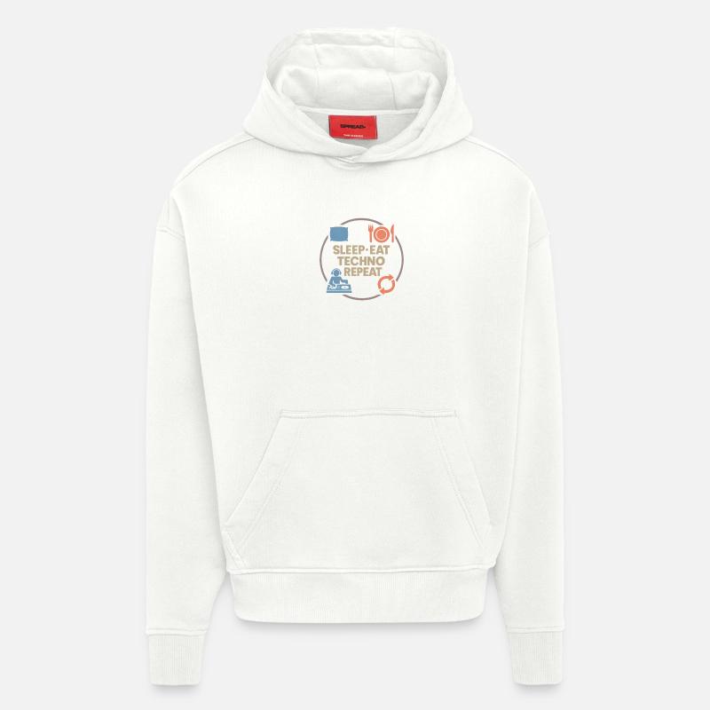 Humour techno – Sommeil · Manger · Techno · Répéter - Sweat à capuche bio épais oversize fabriqué en UE - OFF WHITE