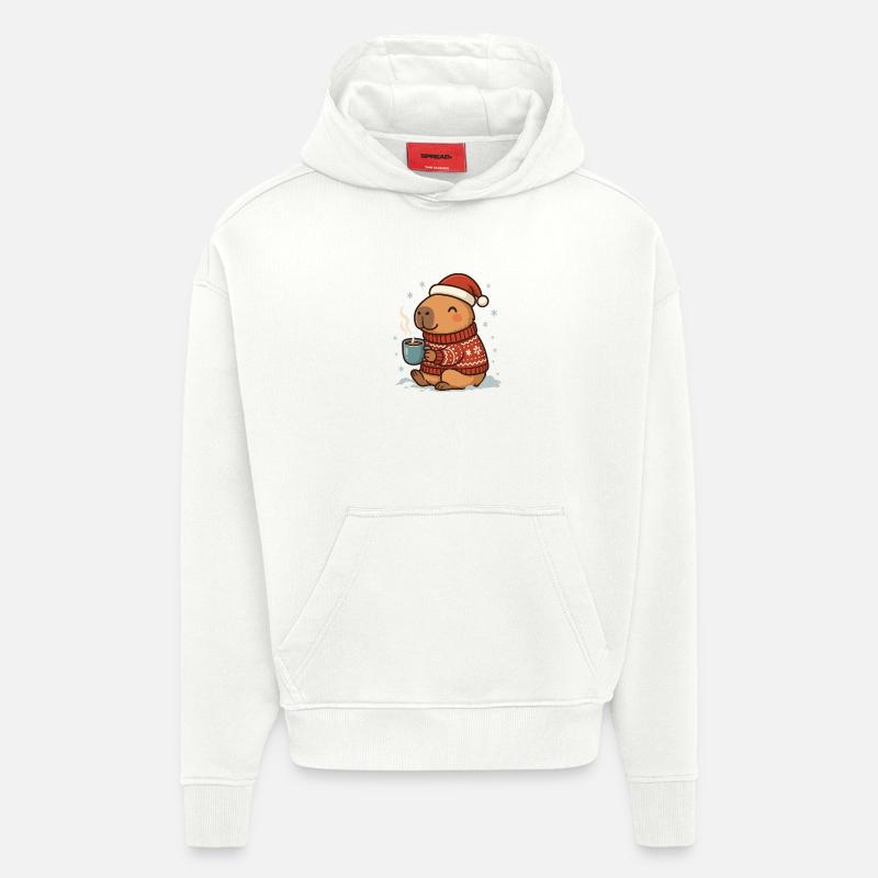 ✨ Cozy Capybara with Cocoa & Santa Hat - Hoodie- made by SPREAD  - OFF WHITE