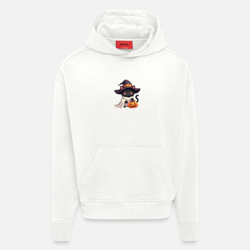 Chat d’Halloween avec citrouille d’Halloween - Sweat à capuche bio épais oversize fabriqué en UE - OFF WHITE