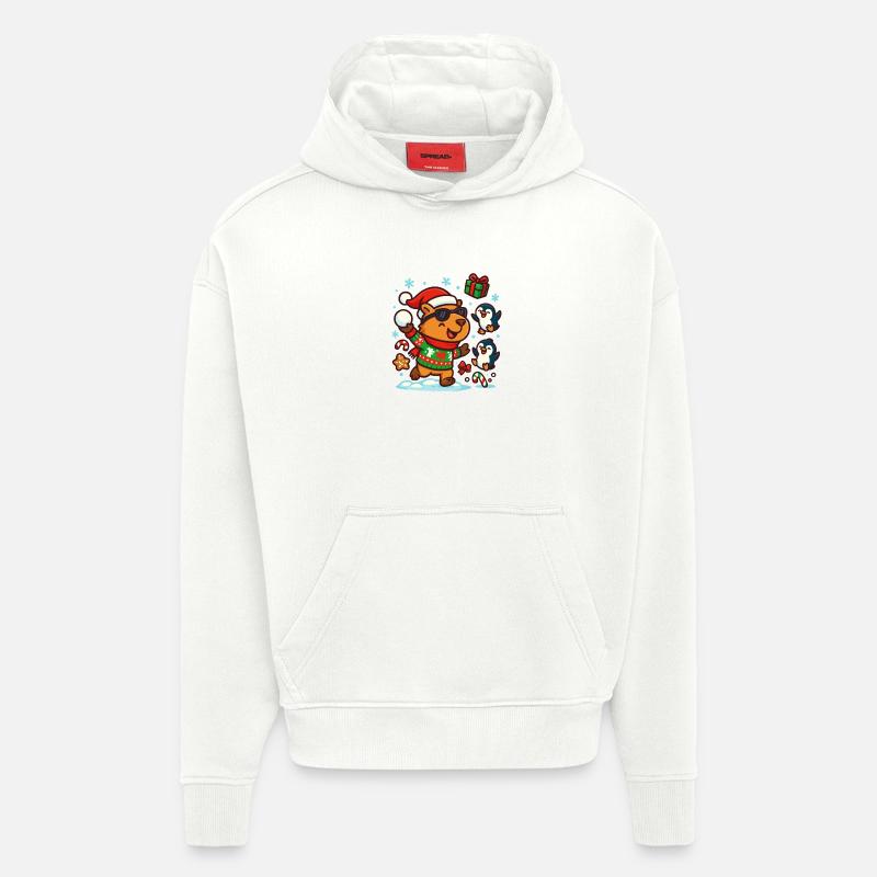 Capybara heureux avec des pingouins – Drôle - Sweat à capuche bio épais oversize fabriqué en UE - OFF WHITE
