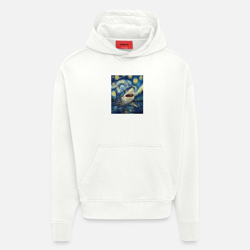 Requin Poisson Style Van Gogh Nuit étoilée - Sweat à capuche bio épais oversize fabriqué en UE - OFF WHITE