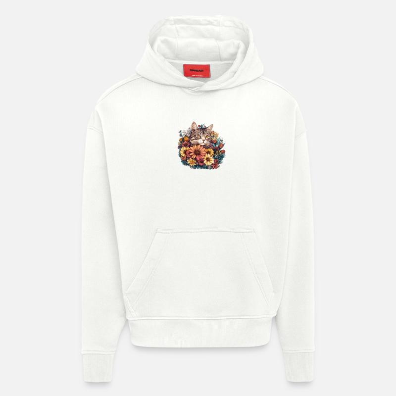 Chat dans une couronne de fleurs - Sweat à capuche bio épais oversize fabriqué en UE - OFF WHITE