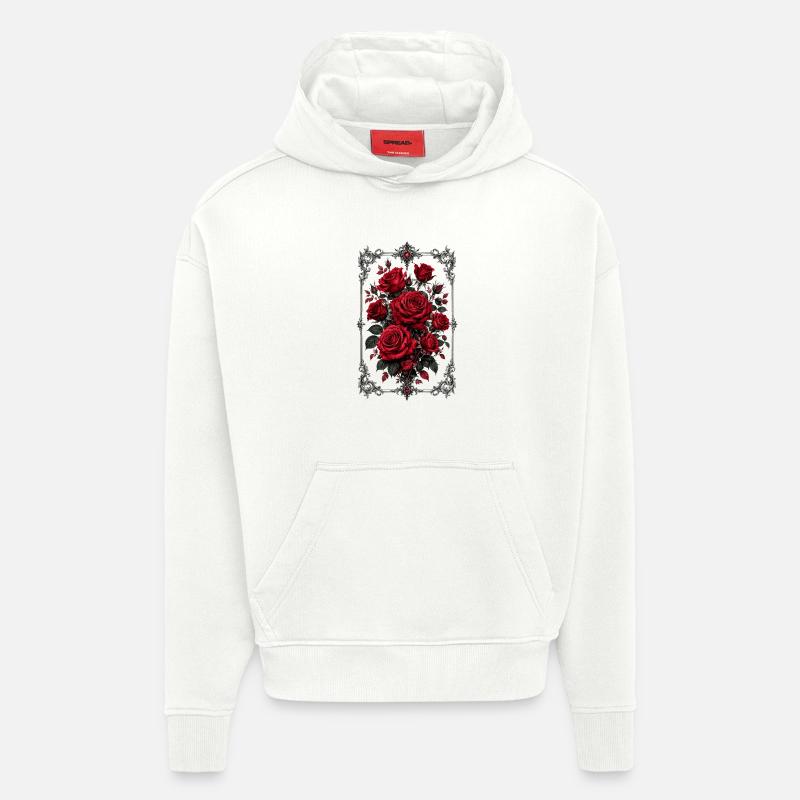Roses, Roses rouges, Roses et Fleurs - Sweat à capuche bio épais oversize fabriqué en UE - OFF WHITE